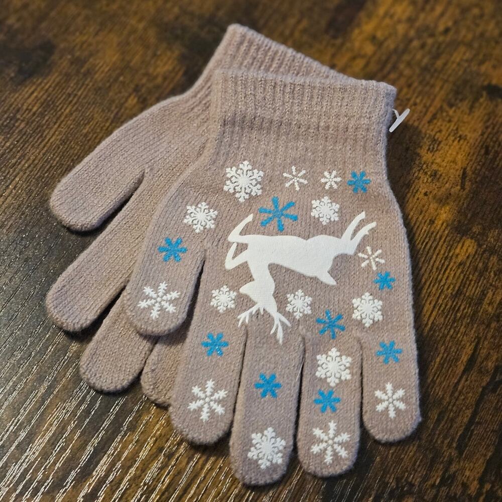 Boutique Tan Kids Winter Gloves w/ White Reindeer & Snowflake Design